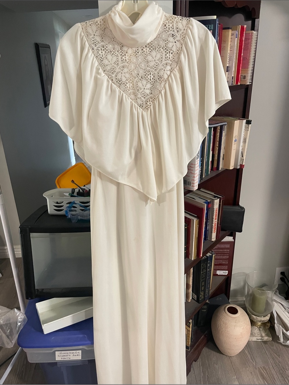 Elegant 1970s White Lace-Detail Maxi Dress